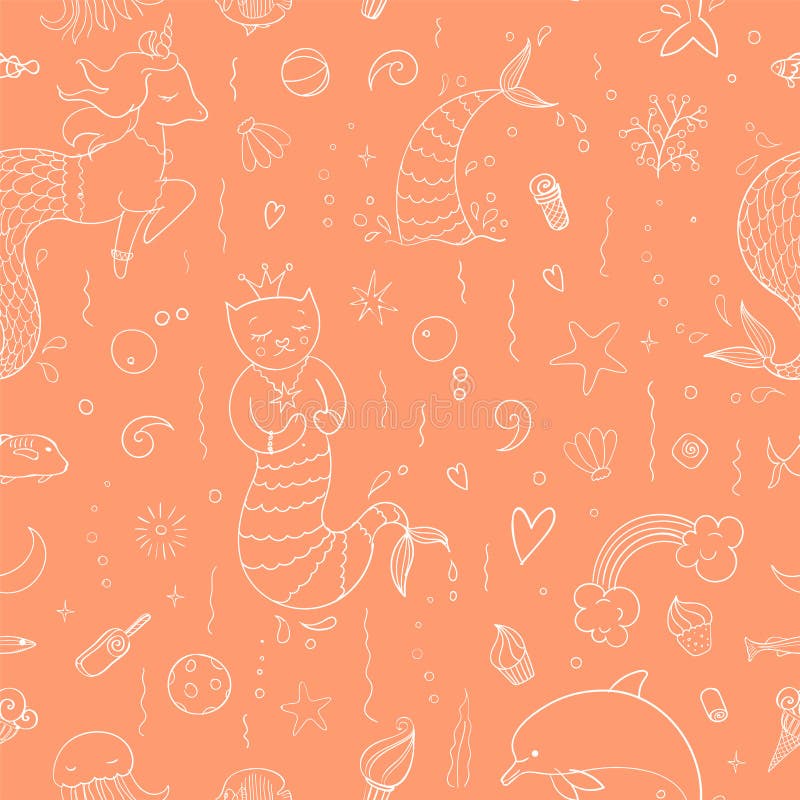 Seamless Pattern with Fantasy Doodles of Mermaid Theme. Decorative  Background for Kids Girl Textile with Tails, Cat Stock Vector -  Illustration of rainbow, pink: 153612012