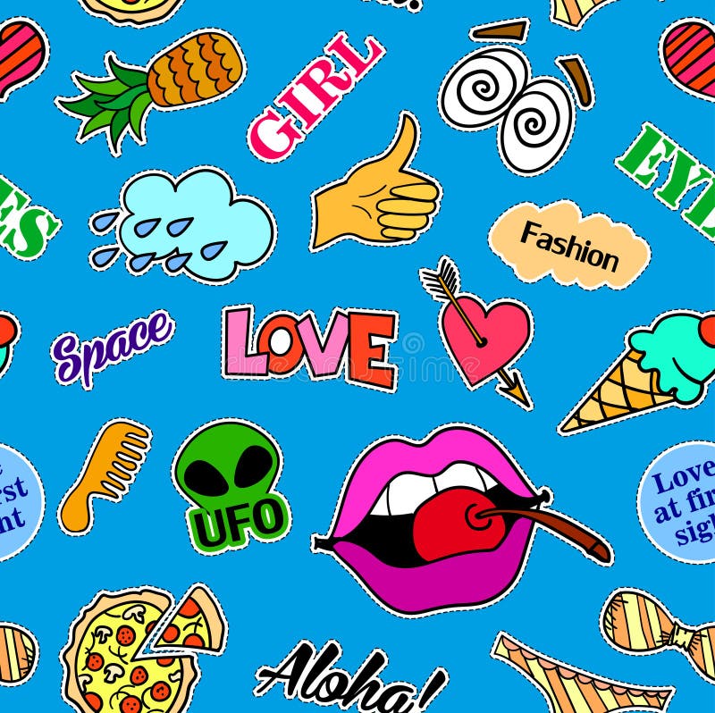 Doodle 90s stickers. Pop art fashion comic badges, trendy cartoon