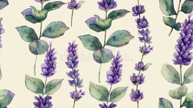 Lavender and Eucalyptus,Seamless Floral Pattern with Soft, Soothing Blooms and Greenery. GenerativeAI. royalty free illustration