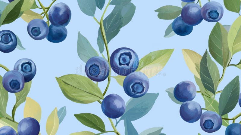 Seamless pattern featuring ripe blueberries on branches with green leaves against a light blue background, offering a royalty free stock photos