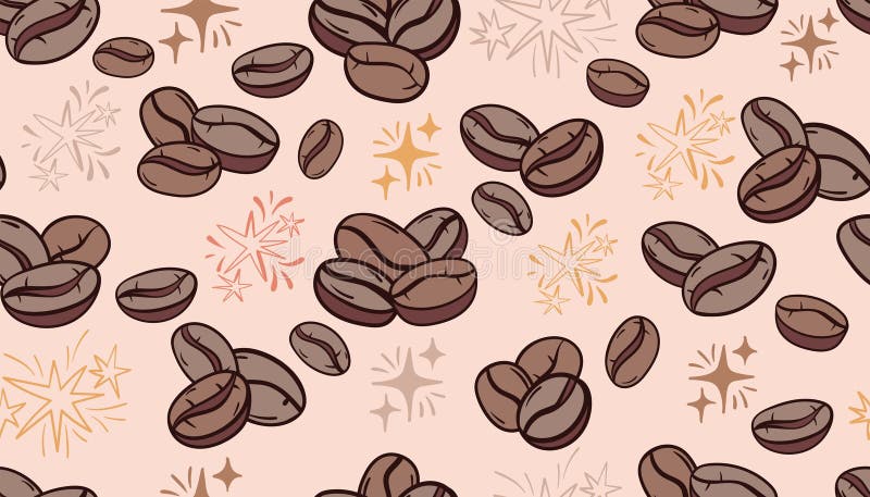A seamless pattern featuring stylized coffee beans and sparks in doodle sketch style royalty free illustration
