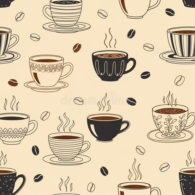 Seamless pattern featuring various stylized coffee cups on a beige background vector illustration