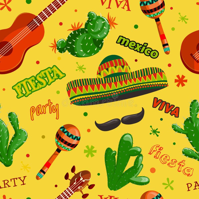 Seamless pattern Fiesta party with mexican guitar, maracas, sombrero, mustache and cactuses. vector illustration Seamless pattern Fiesta party with mexican guitar, maracas, sombrero, mustache and cactuses. vector illustration