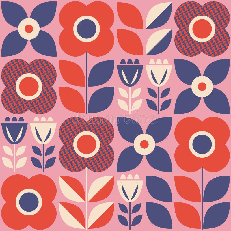 Seamless Pattern with Floral Elements in Retro Scandinavian Style Stock ...