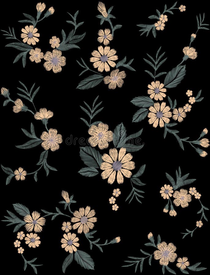 Pattern of Flovers on a Black Background. Imitation Embroidery. Stock ...