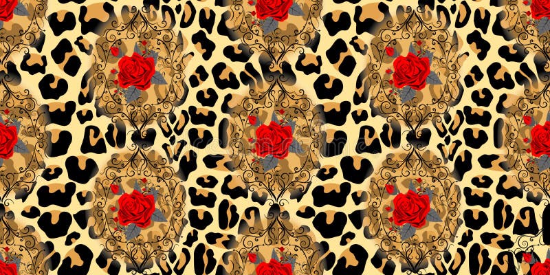 Seamless Pattern with Flower of Roses on Leopard Skin Background Eps10 ...