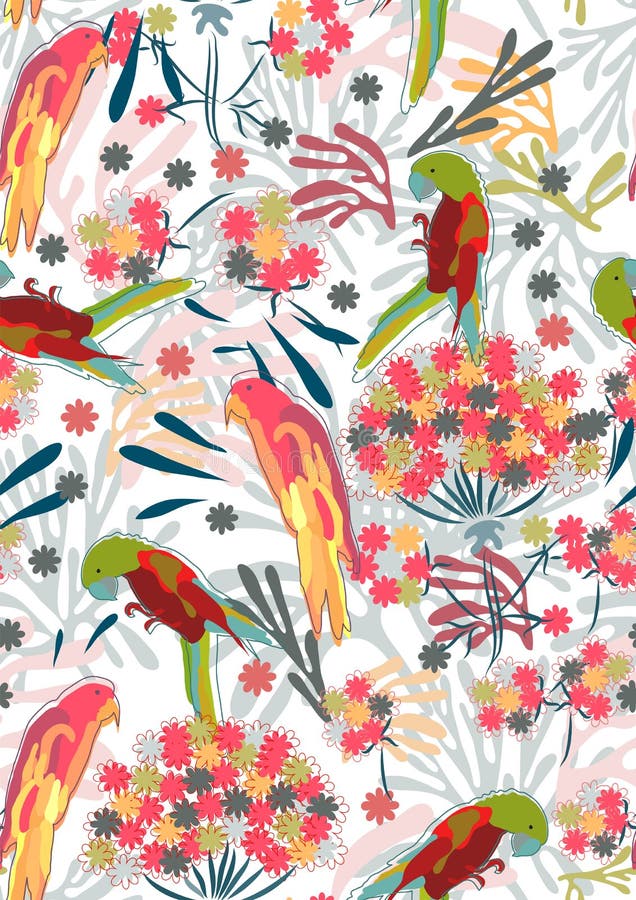 Vector Floral Hand Drawn Seamless Pattern with Birds and Herbs Stock ...