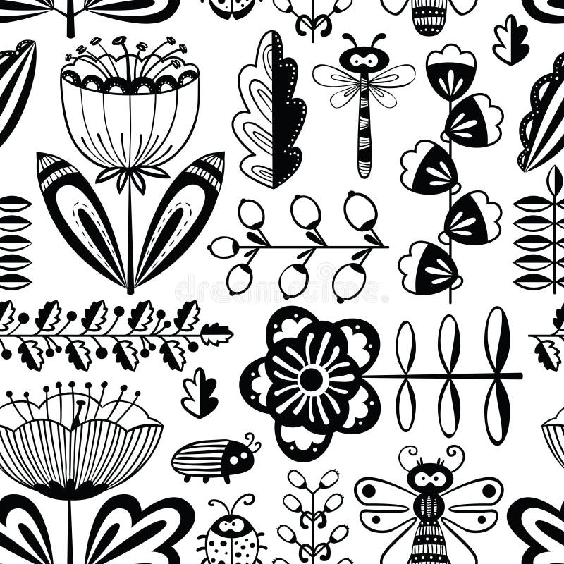 Seamless pattern with flowers, bugs and dragonfly