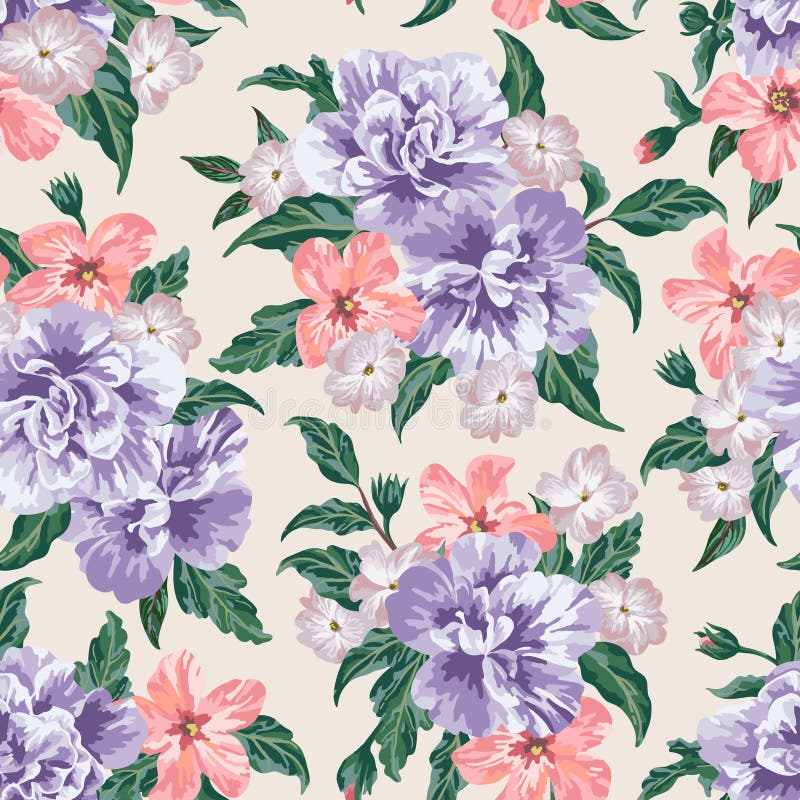 Floral Seamless Pattern. Ornament with Stylized Leaves, Birds, Flowers ...