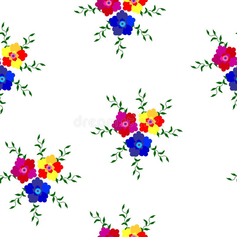 Seamless Pattern Of Flowers In Red, Blue And Yellow With Leaves Stock