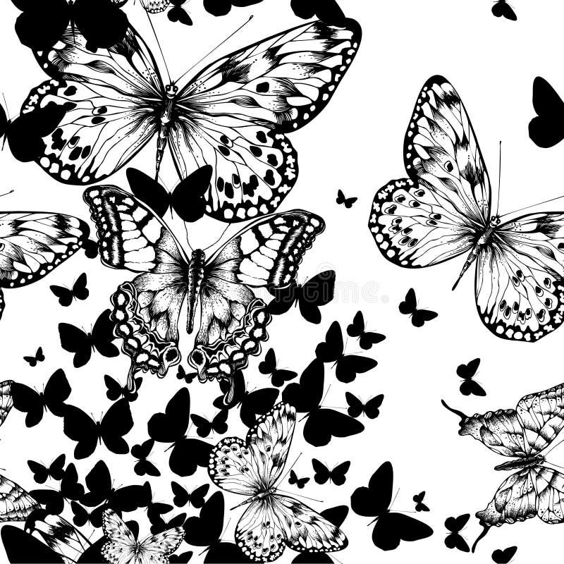 Bezšvový vzor lietanie motýle, ruka kreslenie.