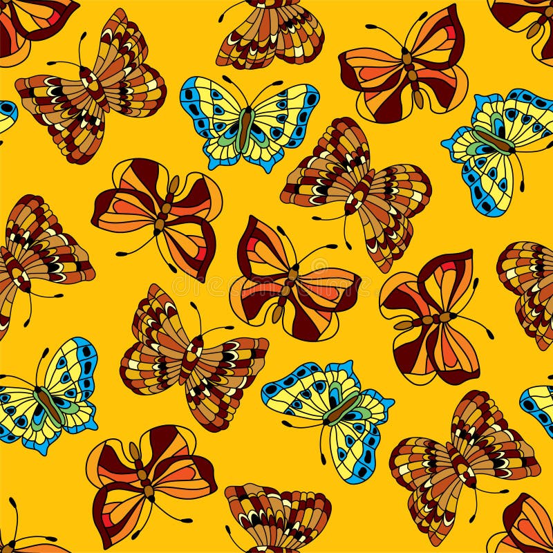 Seamless Pattern of Flying Butterflies on a Yellow Background Stock ...