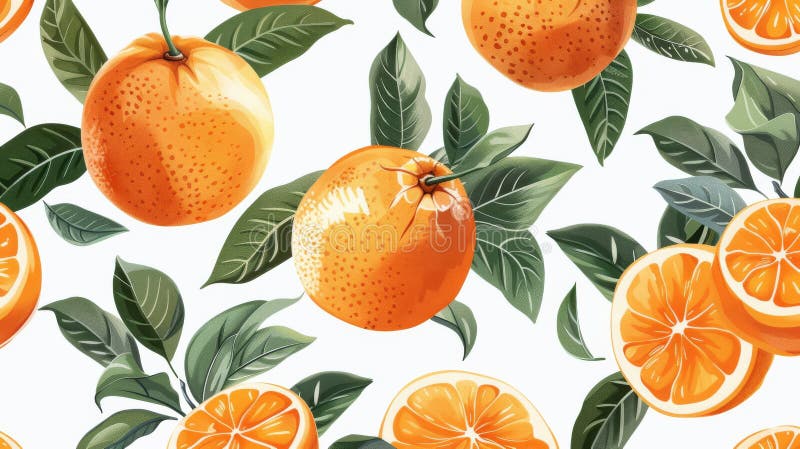 Seamless pattern with fresh oranges and green leaves on a white background. Seamless pattern bright oranges stock images, royalty-free photos and pictures