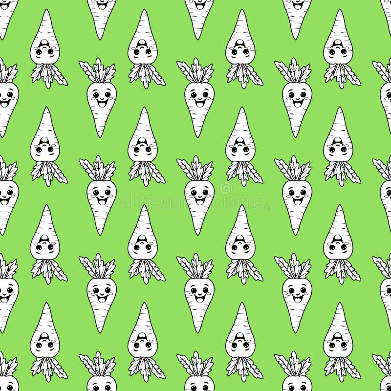 Seamless pattern with fun carrots. A pattern featuring contoured carrots. green background stock illustration