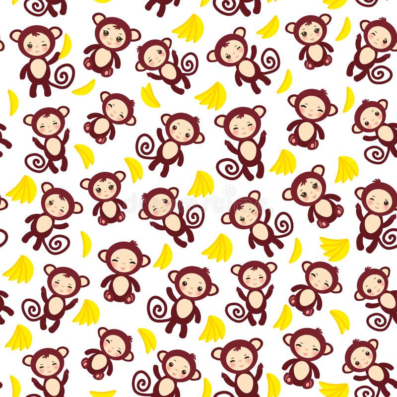 Seamless Pattern with Funny Brown Monkey, Yellow Bananas, Boys and ...