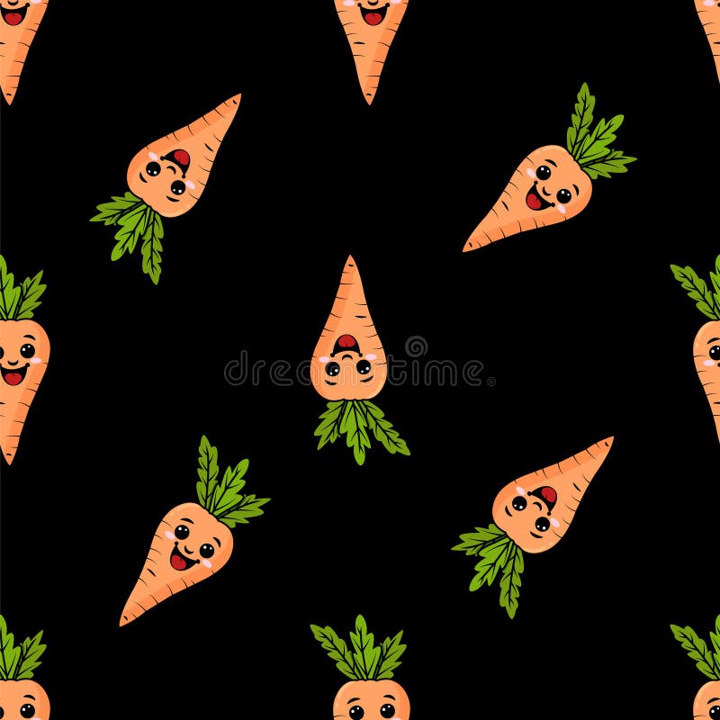 A seamless pattern with a funny carrot. Funny carrots in a seamless Design. black background stock illustration
