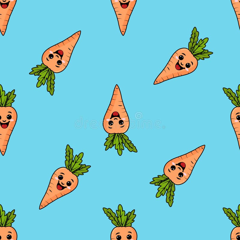 A seamless pattern with a funny carrot. Funny carrots in a seamless Design. blue background stock illustration