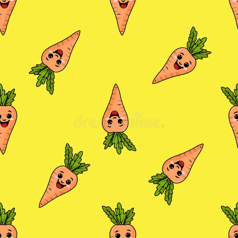A seamless pattern with a funny carrot. Funny carrots in a seamless Design. yellow background vector illustration