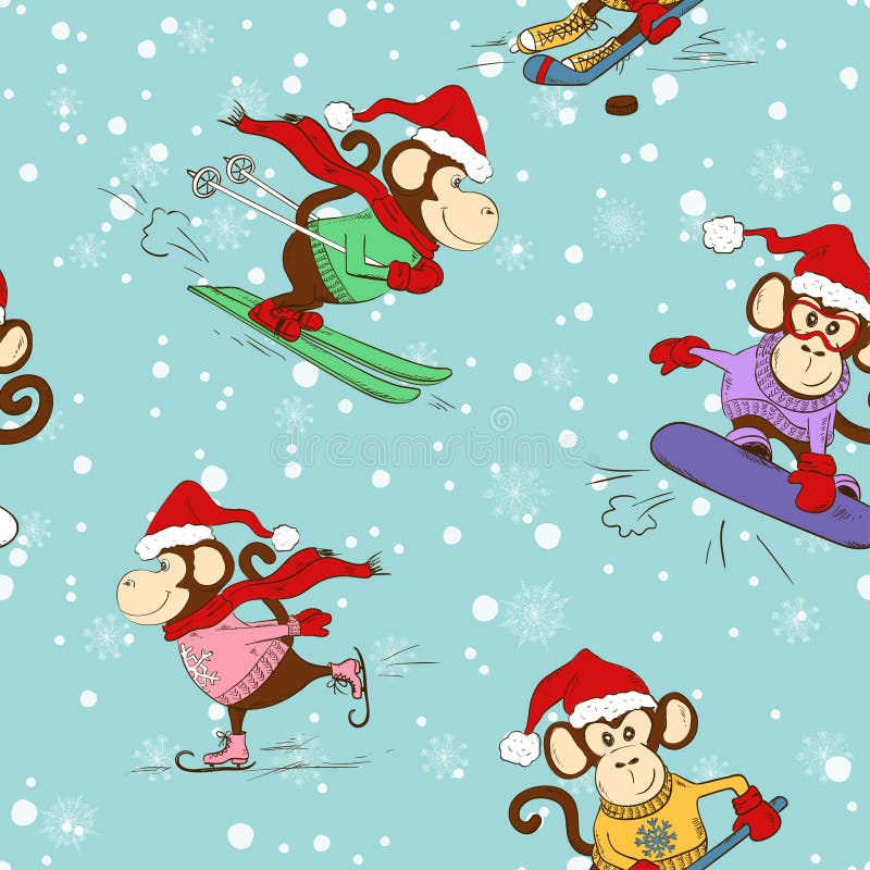 Seamless Pattern Of Funny Cartoon Monkey Doing Winter Sports. vector illustration Seamless Pattern Of Funny Cartoon Monkey Doing Winter Sports. vector illustration