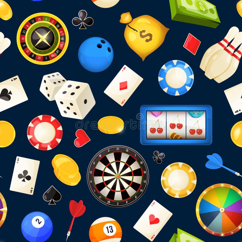 Seamless pattern with gambling and other casino entertainments. Poker, dice vector illustrations