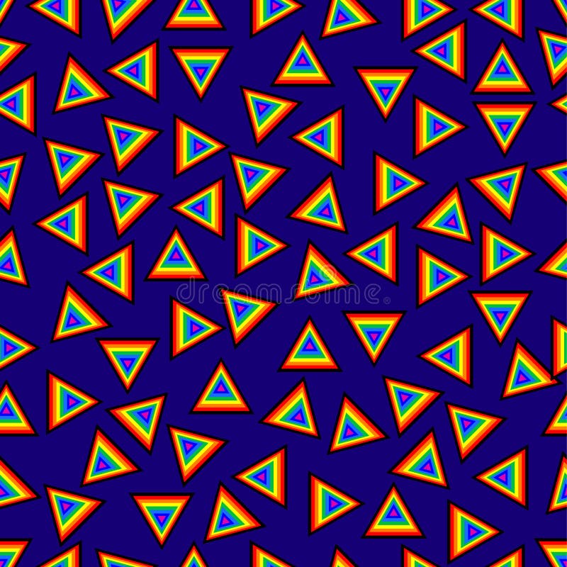 Seamless pattern geometric with triangles in mixed orders rainbow colored plus black vibrant blue background modern abstract artis