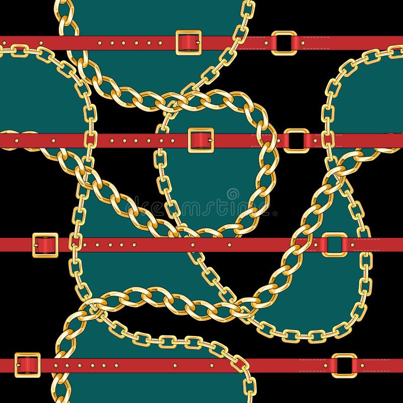 Seamless pattern with gold chains and red belts on light green and black background stock illustration Seamless pattern with gold chains and red belts on light green and black background stock illustration