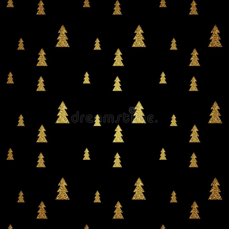 Seamless Pattern Of Gold Christmas Tree On Black Background. Vector