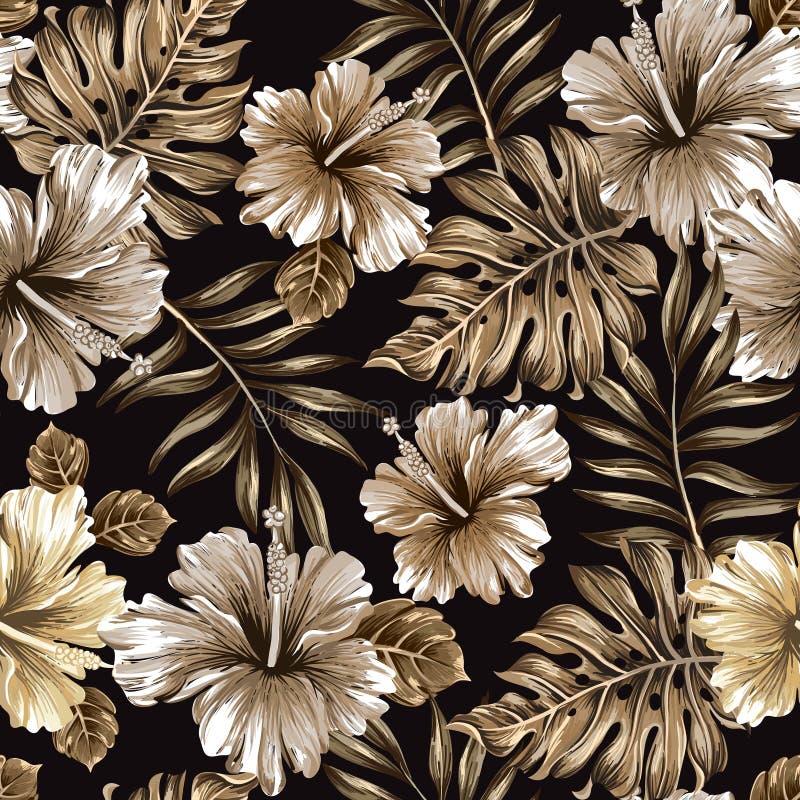 Seamless pattern of gold leaves and flowers