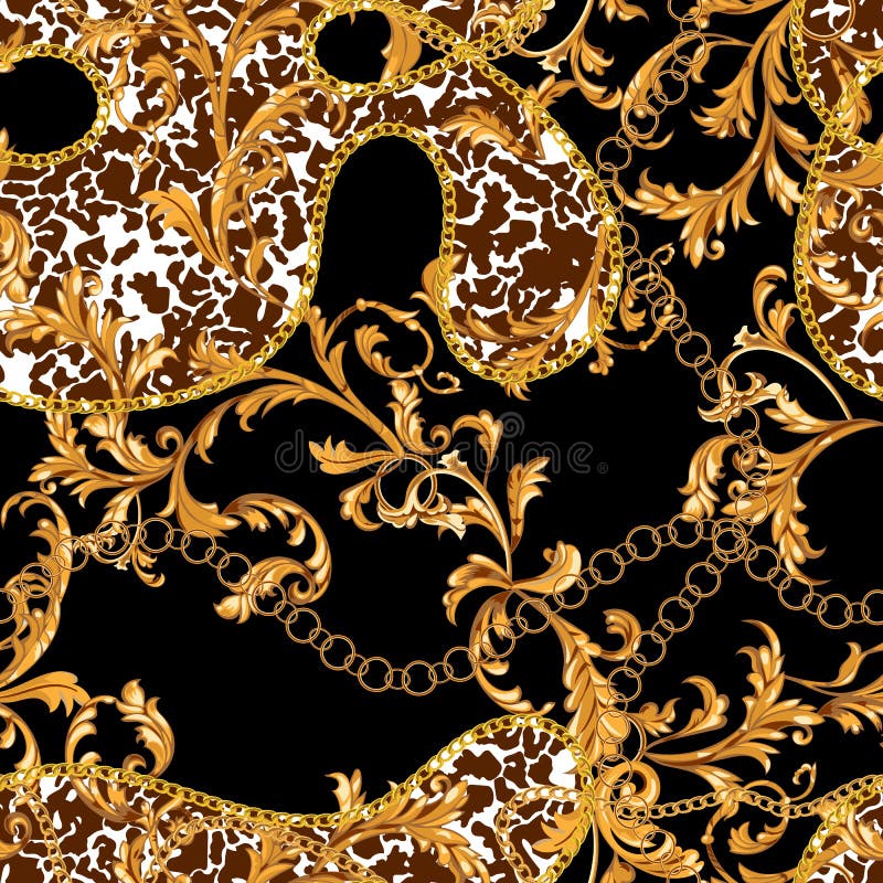 Luxury Golden Baroque. Silk Scarf with Golden Chains on White ...