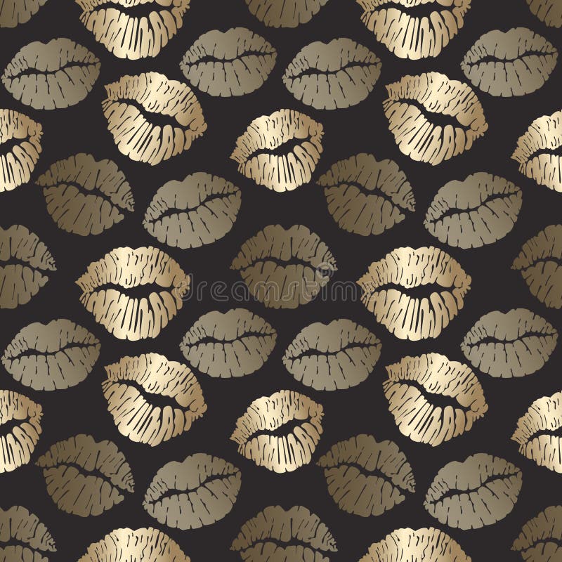 Seamless Pattern with Golden Lips Print, Gold Lips on Black Background
