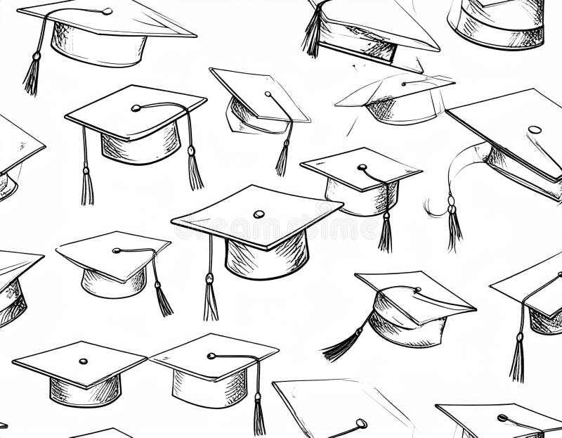 A seamless pattern featuring various graduation caps in a hand-drawn sketch style, perfect for academic and educational themes. Graduation hat sketch illustrations