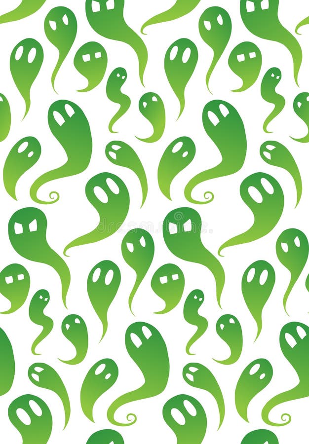 Seamless pattern with green cartoon ghosts with emotions. Spirits in different forms on white background. Halloween wallpaper stock illustration