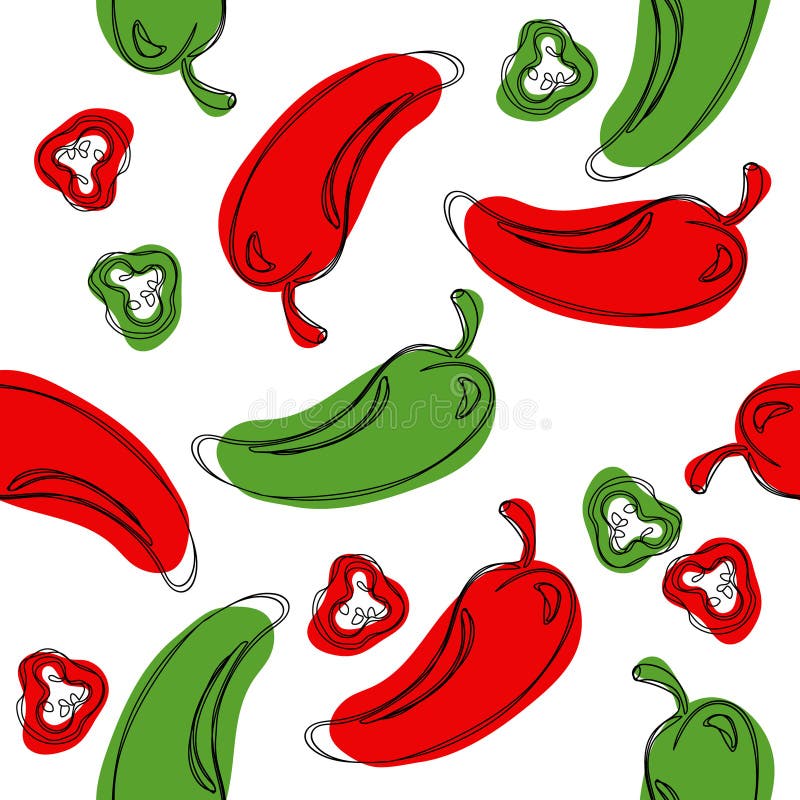 Green Chilli Pepper Seamless Pattern. Hand Drawing Chilli Pepper. Stock