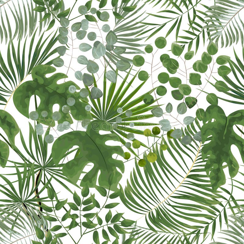 seamless pattern of green leaves. green tropical background in w