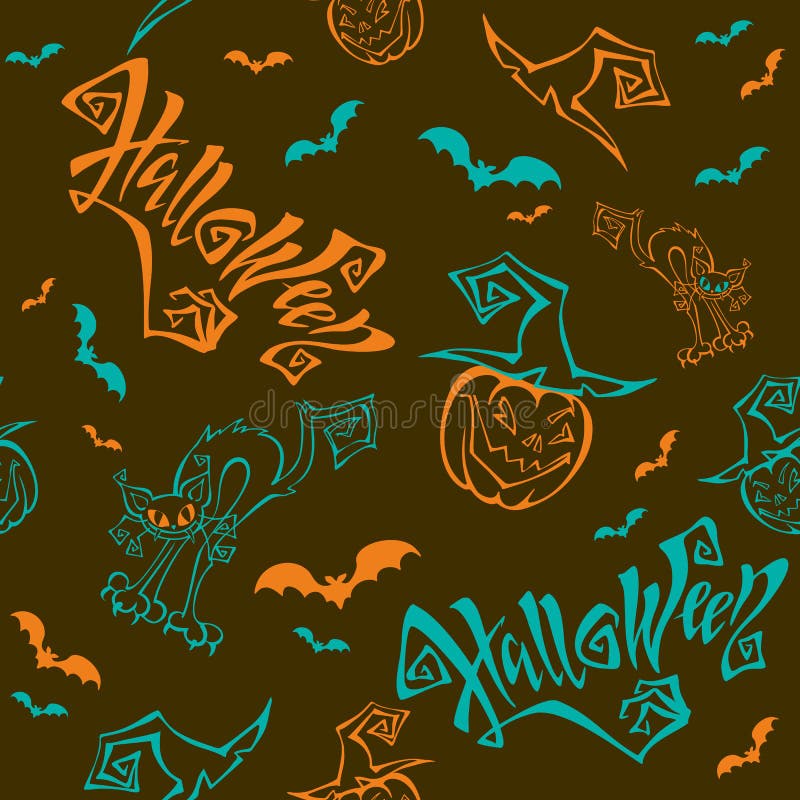 Seamless pattern. Halloween. Lettering. Funny cartoon pumpkin monster in witch hat. Bat. Cat monster. Brown background