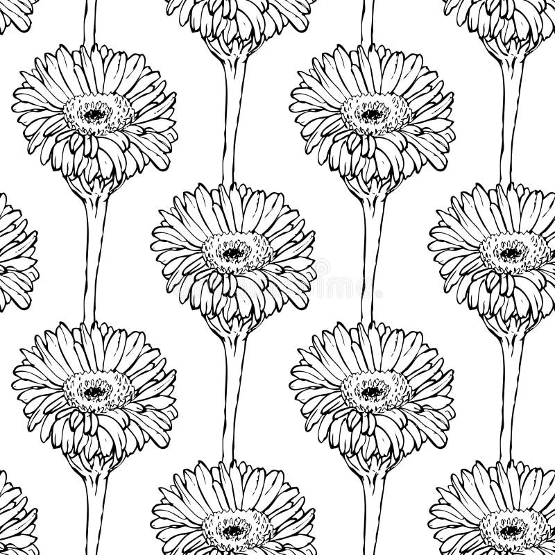 Seamless pattern with hand drawing black and white flowers