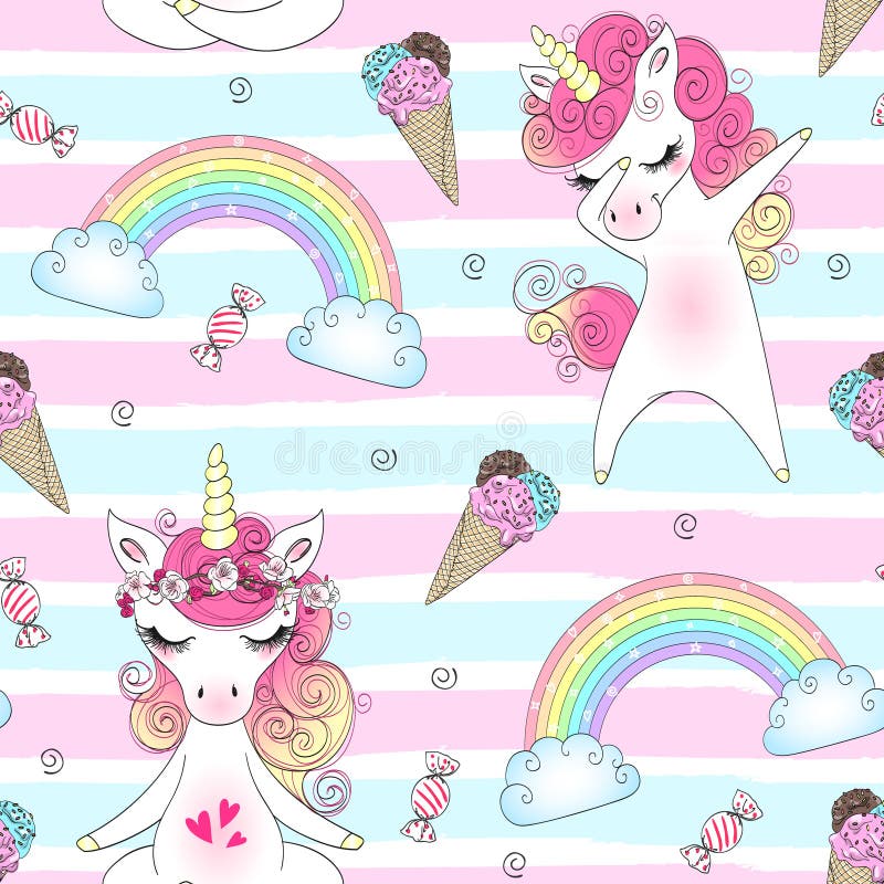 Seamless pattern with hand drawn beautiful cute little princess girls unicorns. royalty free illustration