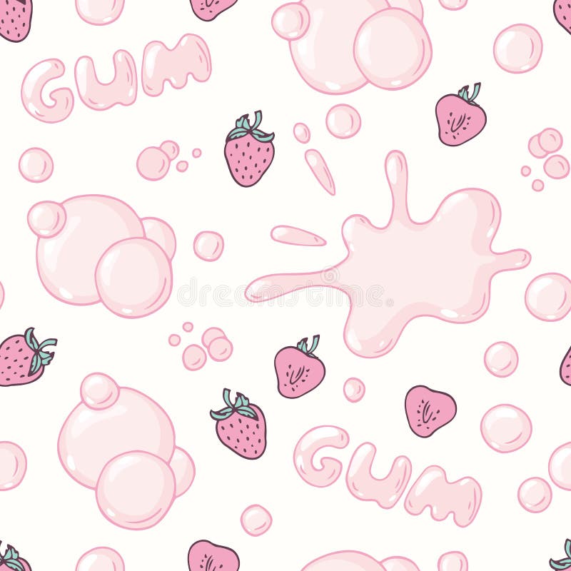 Seamless pattern with hand drawn bubble gum seamless pattern. Strawberry flavor. Pink background