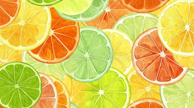 Seamless pattern of hand-drawn citrus fruit slices. Creating a vibrant and refreshing background. The overlapping stock images