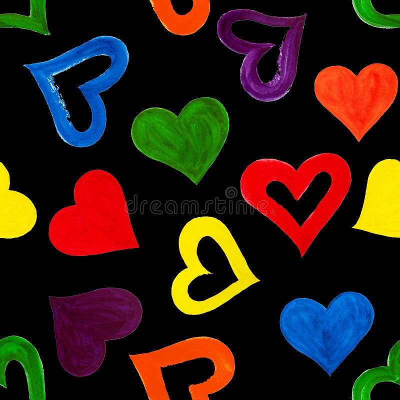 Seamless pattern hand drawn colorful hearts on black background isolated, watercolor painted heart repeating ornament LGBT rainbow flag colors, LGBTQ love symbol, lesbian, gay etc love sign, art print. Seamless pattern hand drawn colorful hearts on black background isolated, watercolor painted heart repeating ornament LGBT rainbow flag colors, LGBTQ love symbol, lesbian, gay etc love sign, art print