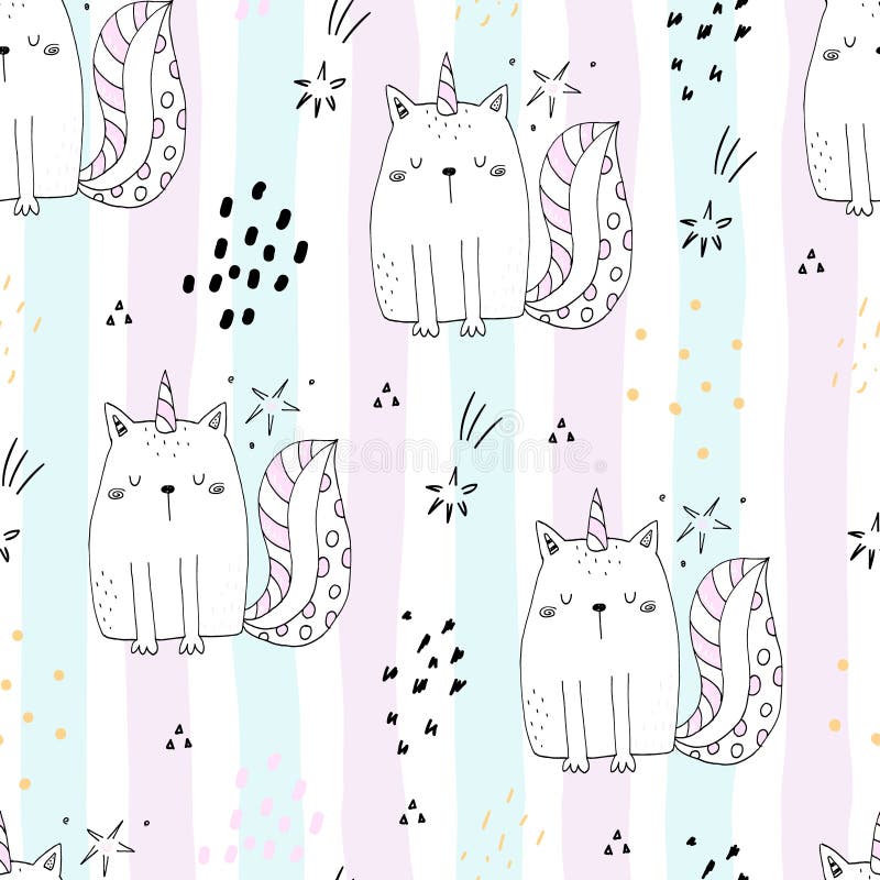 Seamless pattern with hand drawn cute cats unicorn. Cartoon cat vector illustration stock illustration Seamless pattern with hand drawn cute cats unicorn. Cartoon cat vector illustration stock illustration