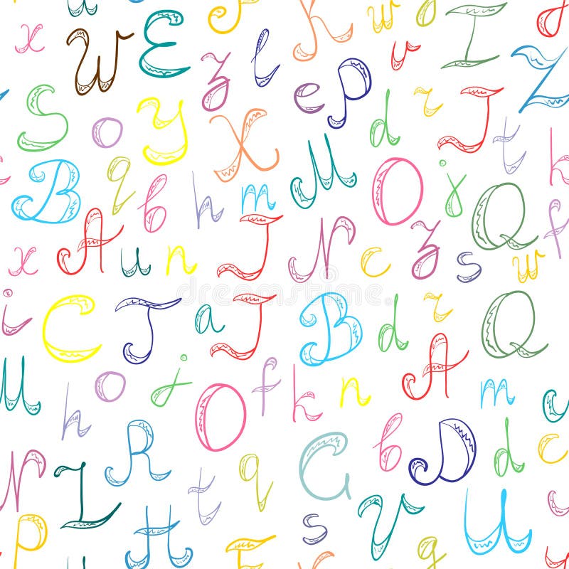 Seamless Pattern Hand Drawn Doodle Font. Children Drawings of Colorful Scribble Alphabet. stock illustration