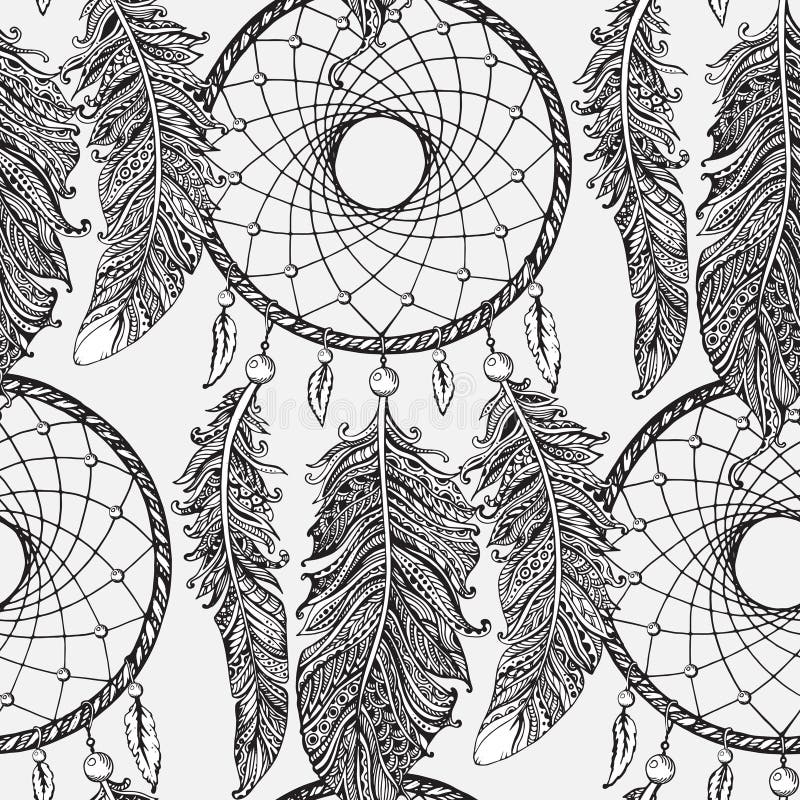 seamless-pattern-with-hand-drawn-dream-catchers-in-line-art-sty-stock