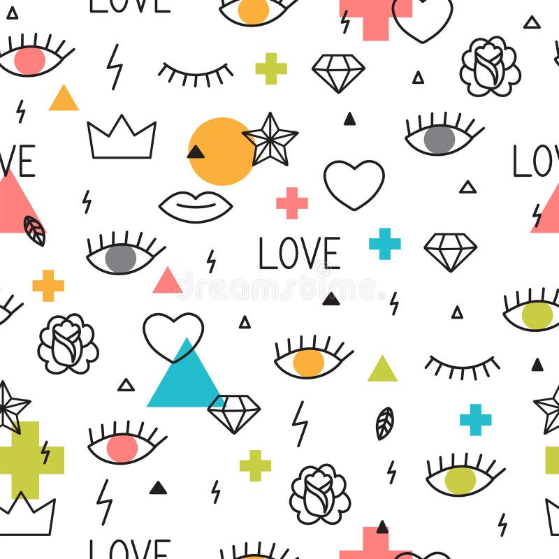 Seamless pattern with hand drawn geometric elements. Abstract trendy background. Memphis style stock illustration