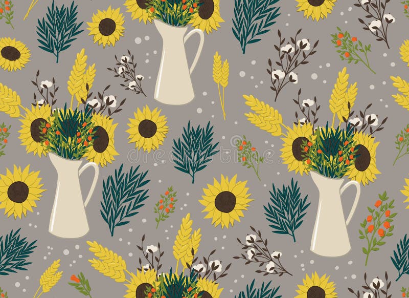 Seamless pattern with hand drawn jag and sunflower, cotton flower, ear and pomegranate for wallpaper, wrapping, apparel, fabric