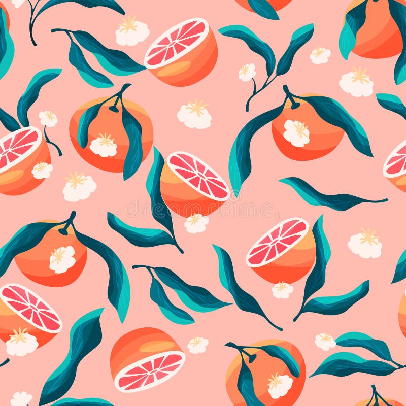 Seamless pattern with hand drawn oranges and floral elements. Fruit and floral design in bright colors. Colorful vector