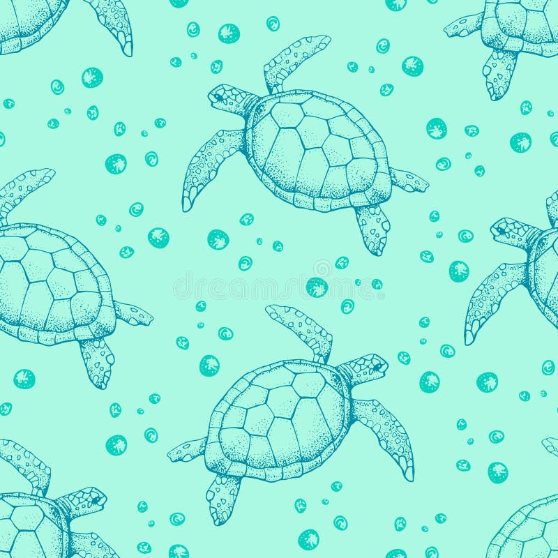 Seamless pattern with Hand drawn sea turtles. Vector with animal underwater. Illustration for wallpaper, web page background