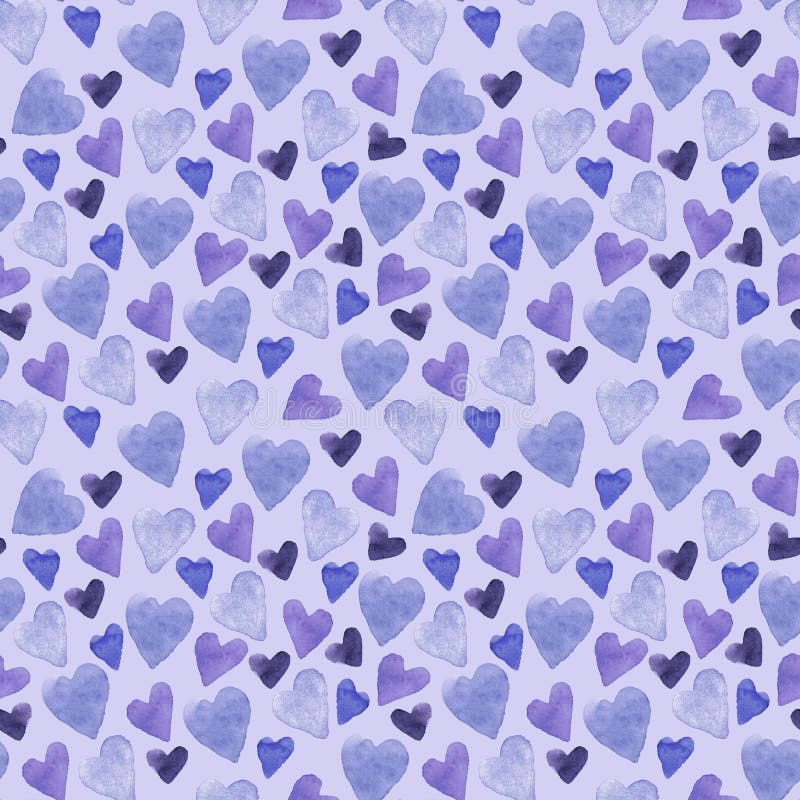 Seamless Pattern with Hand-drawn Watercolor Blue Purple Hearts on Blue ...