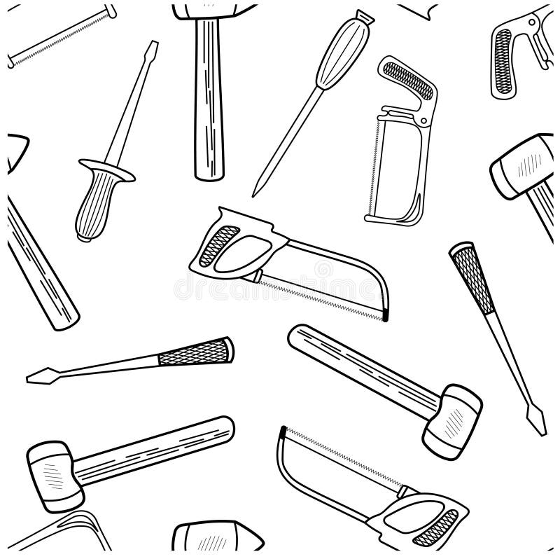 Seamless Pattern with Hand Drawn Working Tools. Collection of Hand