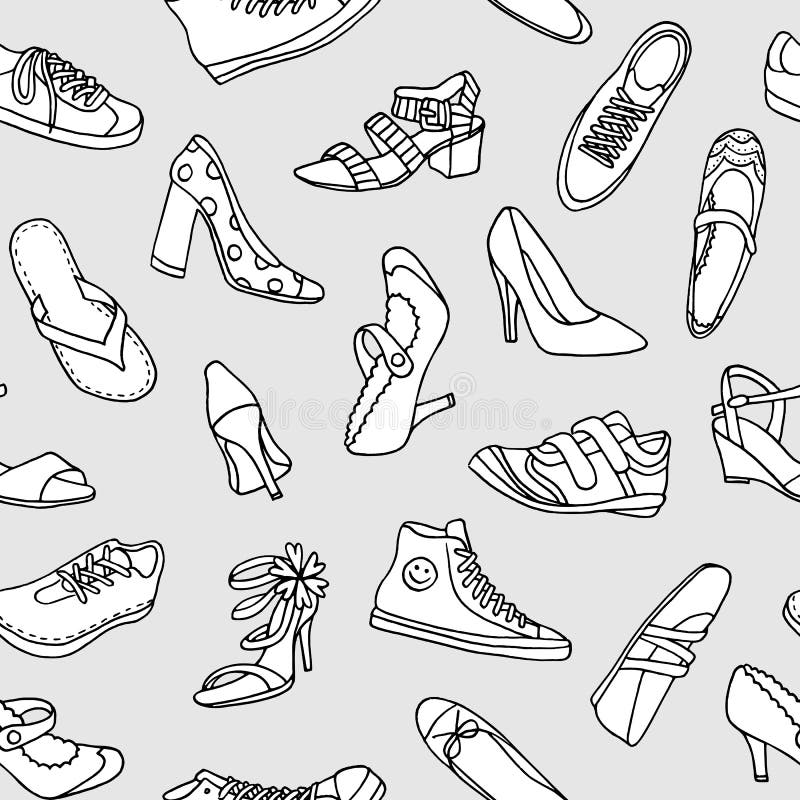 Seamless Pattern of Hand Sketched Shoes, Black and White Stock Vector